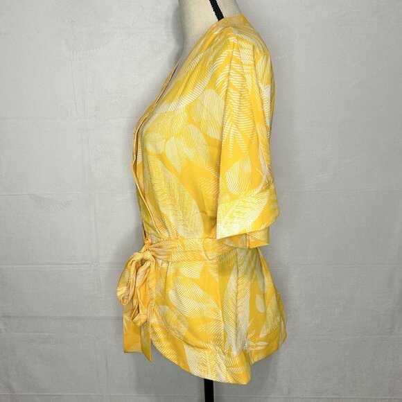 Worthington Blouse Womens Sash Tie Waist Faux Wrap Yellow White Sz M - Picture 4 of 8